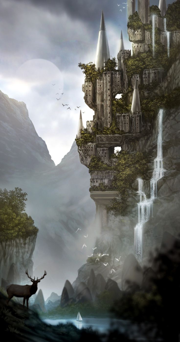 an image of a castle in the middle of a mountain with waterfalls and trees