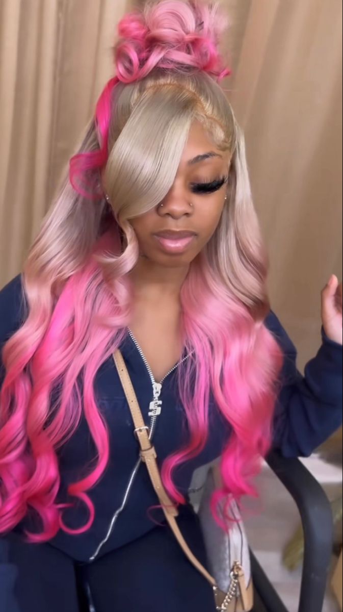 Baddie Hairstyles Lace Wig, Color On Dark Skin Women Hair, Wigs With Pink Highlights Black Women, 613 Wig With Pink Highlights, Pink Wig With Highlights, Blonde Wig With Rainbow Highlights, Blond Wig With Pink Highlights, Wigs With Color Highlights, Lace Front Wigs Birthday