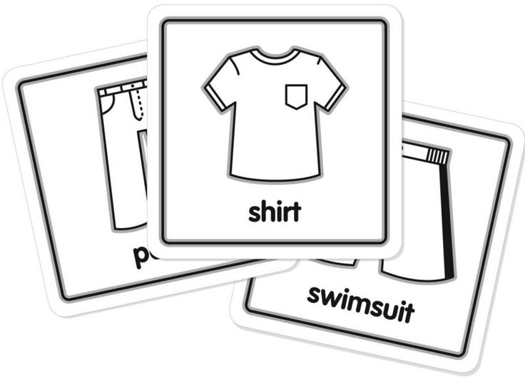 three cards with clothes on them and the words t - shirt, pants, and shorts