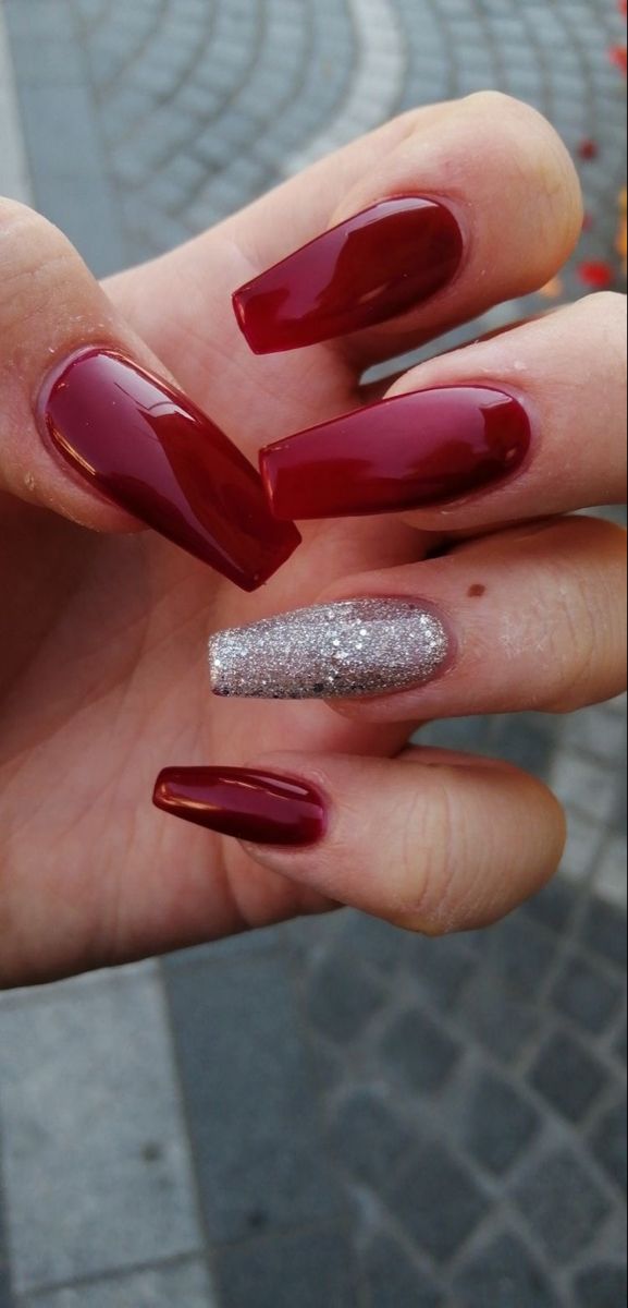 Burgundy Nails With Silver Glitter, Red And Silver Nails Coffin, Red And Red Glitter Nails, Red Nail Designs Homecoming, Red Nails Acrylic With Glitter, Burgundy Formal Nails, Red Nails And Glitter, Homecoming Nails Red Dress, Red With Silver Glitter Nails