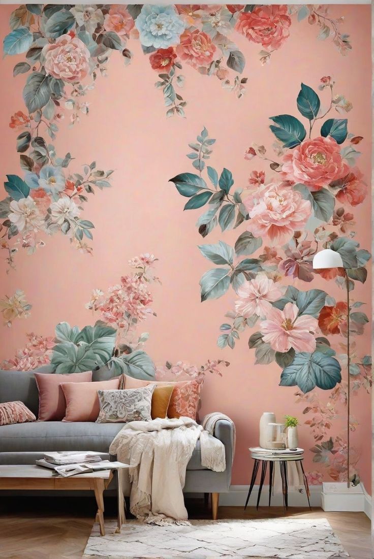 a living room with pink flowers on the wall and a gray couch in front of it