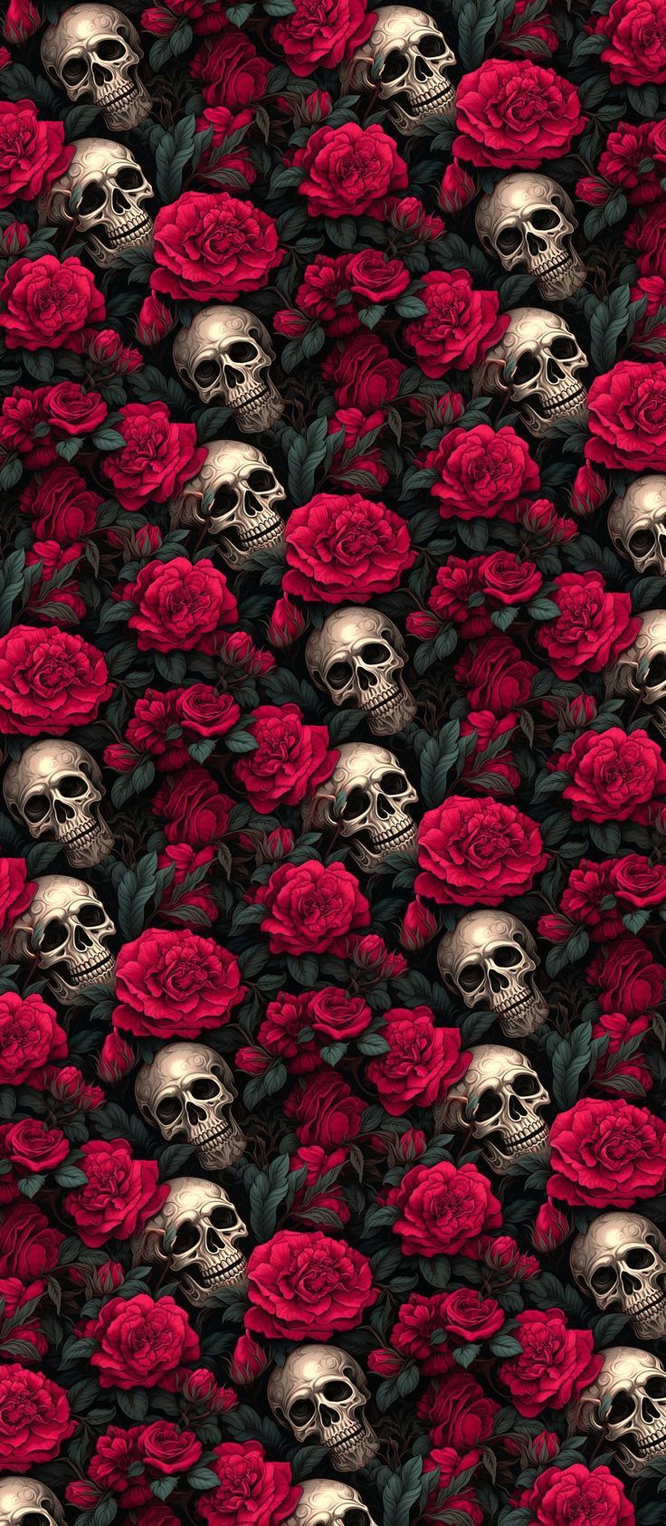 a bunch of skulls and red roses on a black background with the same color scheme