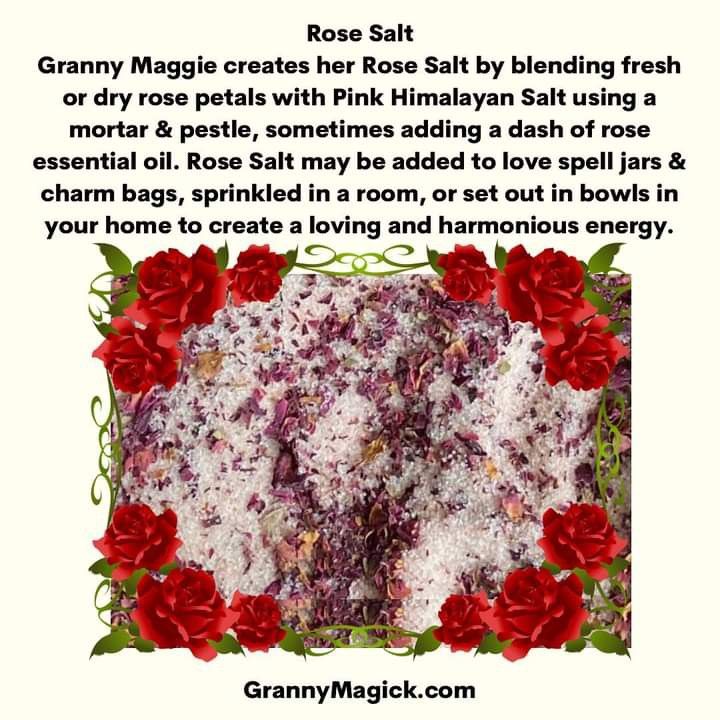 a card with roses on it that says, granny rose's rose salt by blending fresh or dry petals with pink himalayan salt using essentials