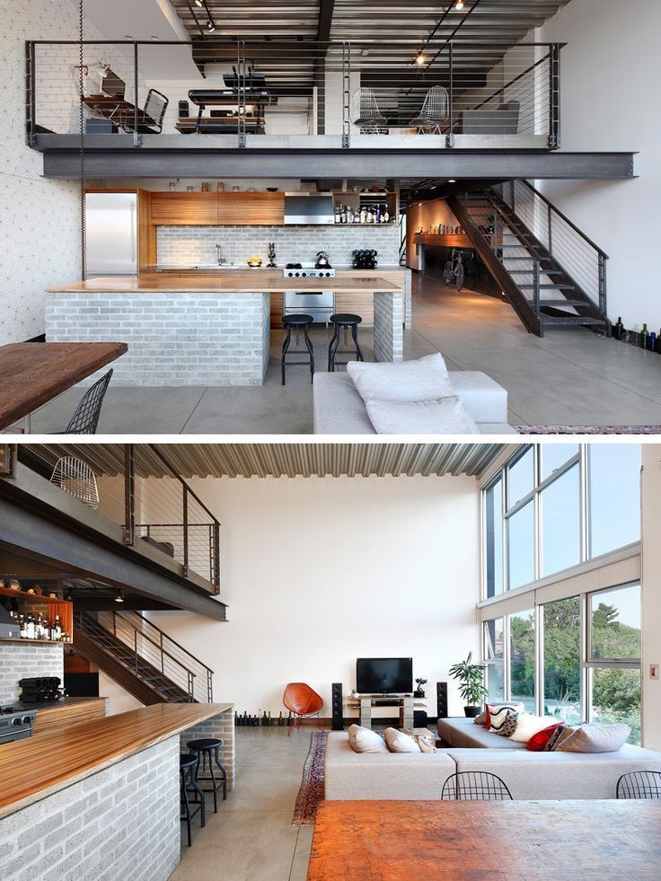 two pictures of a living room, kitchen and dining area with stairs leading up to the second floor