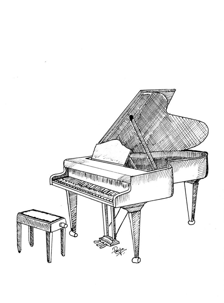 a drawing of a grand piano and stool