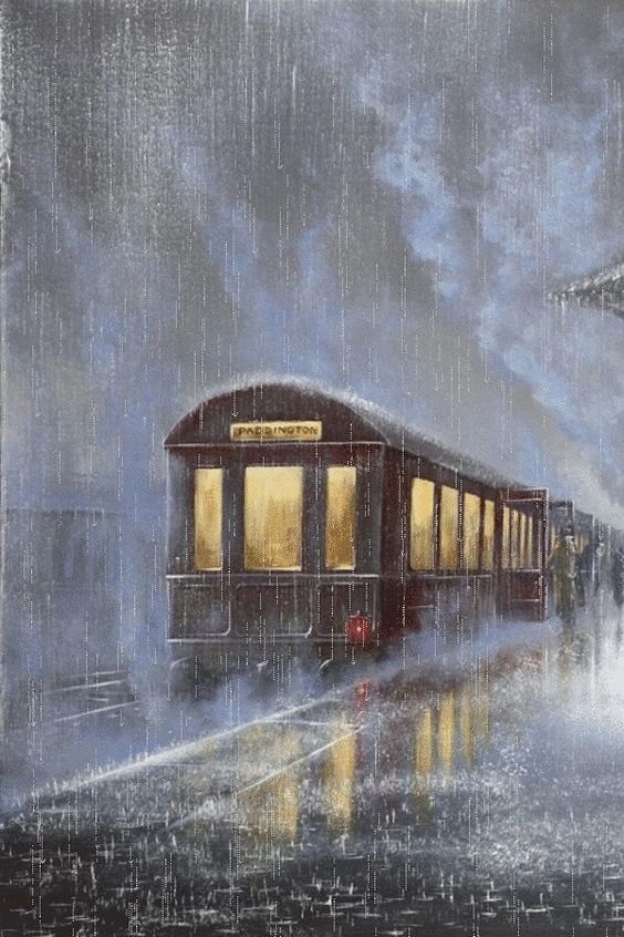 a painting of a train in the rain