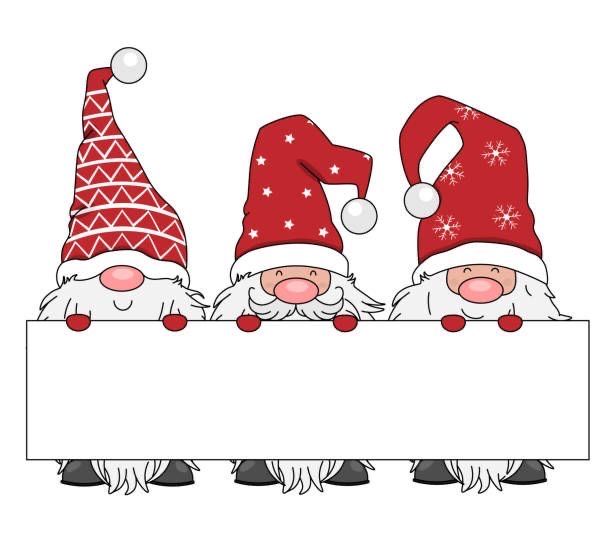 three christmas gnomes holding a sign with snowflakes on their heads royalty illustration