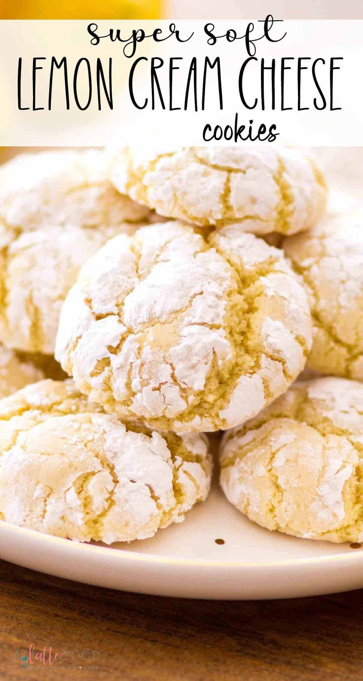 lemon cream cheese cookies on a white plate with the words super soft in the middle