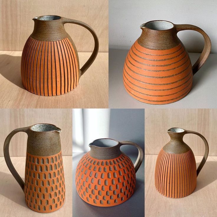 four different views of an orange vase with wavy lines on the top, bottom and bottom