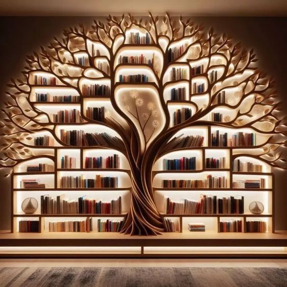 an illuminated book shelf with books on it and a tree in the middle, surrounded by shelves