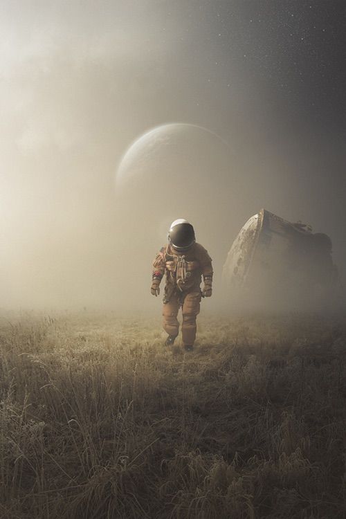 an astronaut walking through the grass towards a space shuttle in the distance with fog and stars above