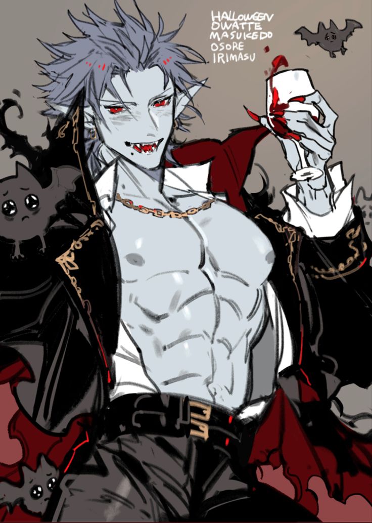 an anime character with white hair holding a wine glass in his hand and bats around him