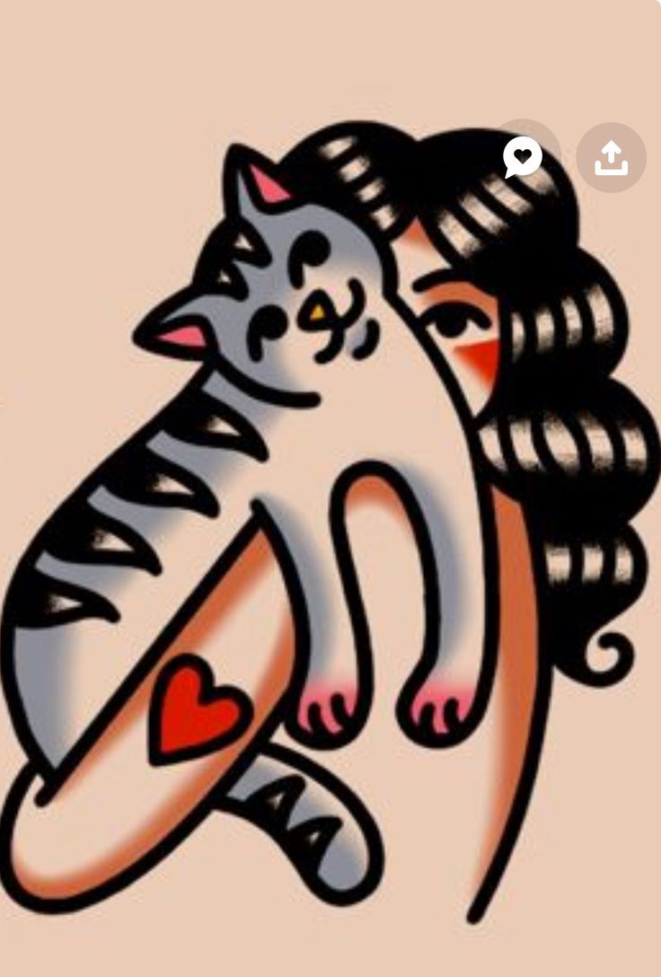 a drawing of a woman holding a cat in her arms with a heart on it's chest