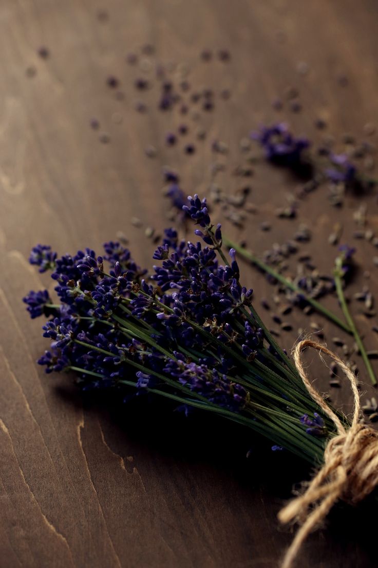 lavender flowers tied up with twine on a wooden table, ready to be used as decorations