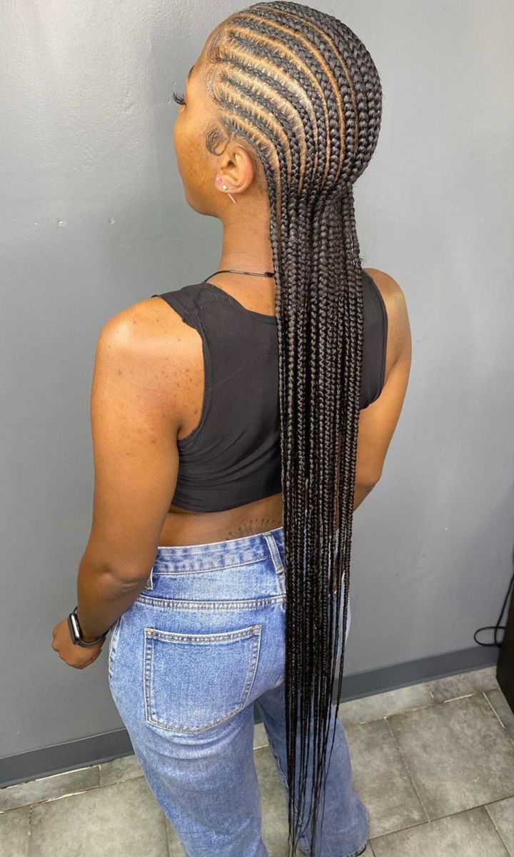 Summer Braids For Black Women Cornrow, Long Small Cornrows, Medium Stitch Braids, Cornrows With Color, Cornrow Ideas For Black Women, Straightback Cornrows Braids, Conrows Lines And Braids, Straight Backs, Long Cornrows