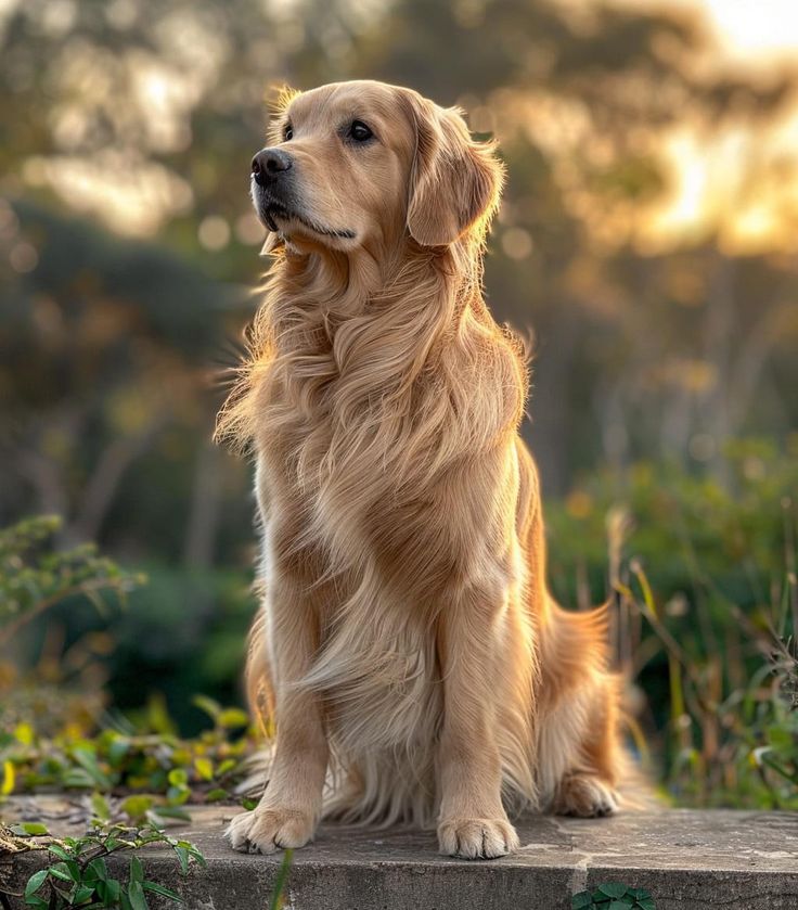 a golden retriever dog sitting on top of a cement step in front of trees