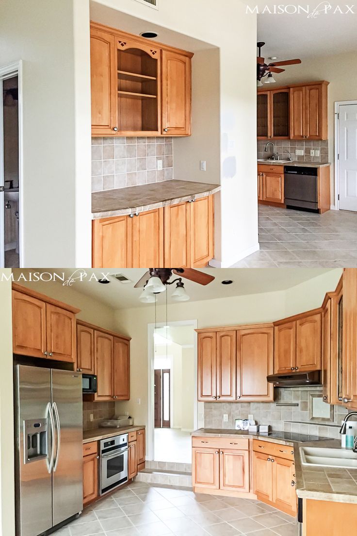 before and after pictures of a kitchen remodel in the middle of an open floor plan