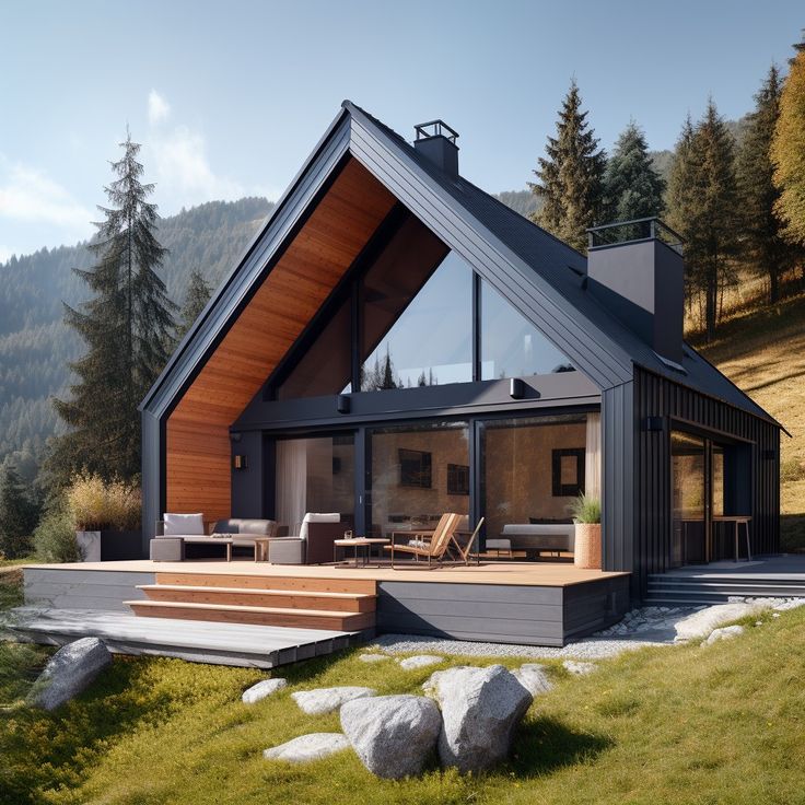 a house with a pitched roof and wooden steps leading up to the front porch area