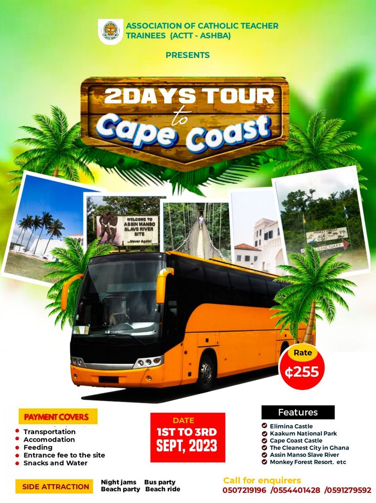 an advertisement for a tour bus that is going to cape coast, with photos of people on it