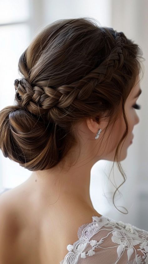 Dark Brown Wedding Hair Updo, Classy Updo Hairstyles Elegant Wedding, Wedding Updo With Braid, Braid For Bride, Maid Of Honor Hairstyles Updo, Curling Iron Techniques, Updo Ideas, Braided Updos, Braided Hairdo