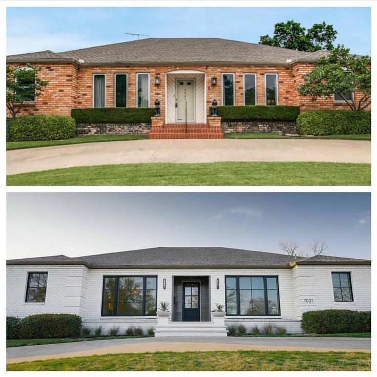 before and after photos of a brick ranch house with white trim on the front door