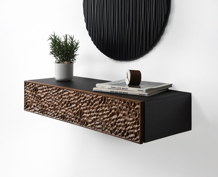 a shelf with books and a plant on it in front of a black circular wall hanging