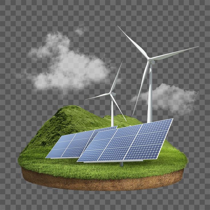 solar panels and wind turbines on top of a green hill with clouds in the sky