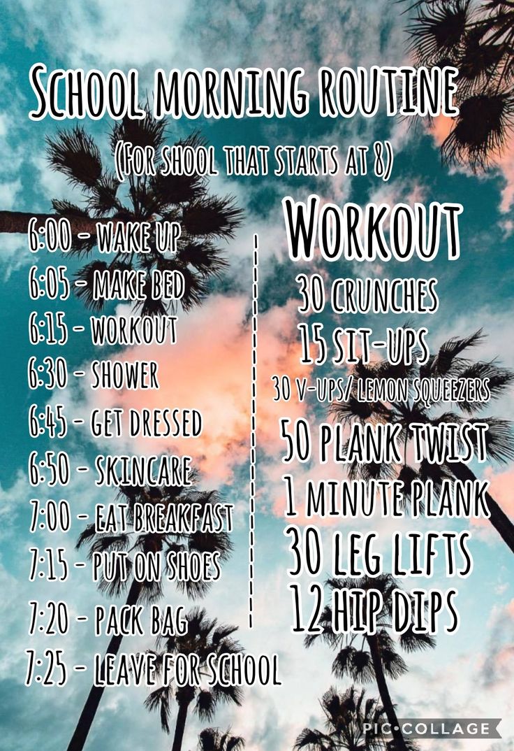 a poster with palm trees and the words school morning routtime workouts on it