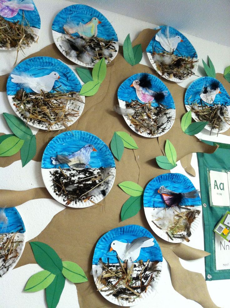 paper plates with birds and leaves on them are arranged in the shape of a tree