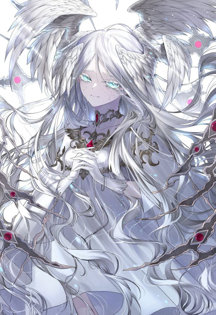 an anime character with white hair and wings