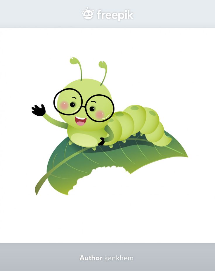 a green caterpillar with glasses sitting on top of a leaf and waving to the side