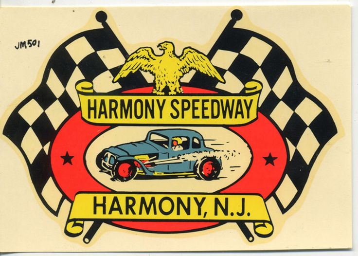 a sticker depicting an old car with the words harmony speedway on it