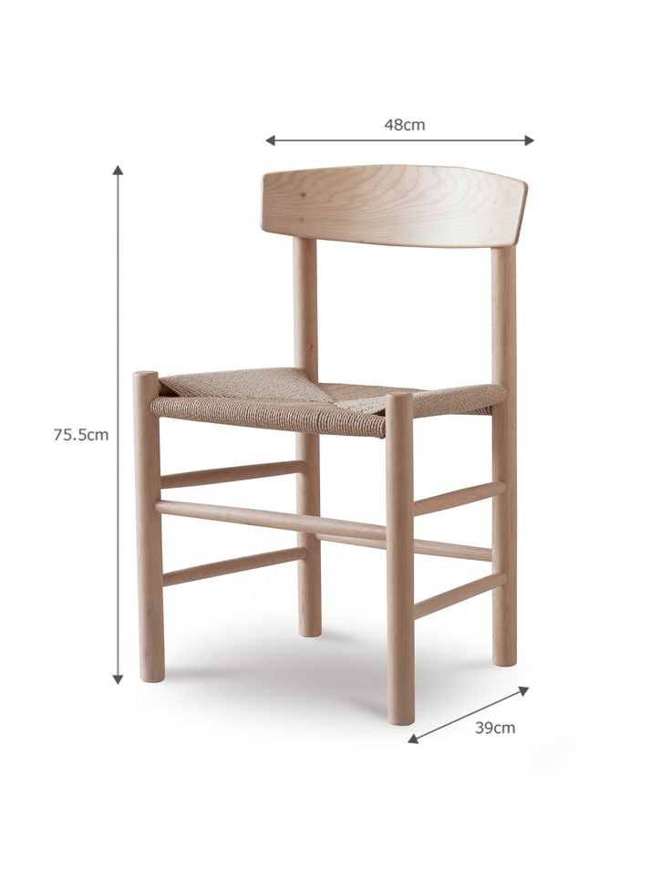 a wooden chair with measurements for the seat and back