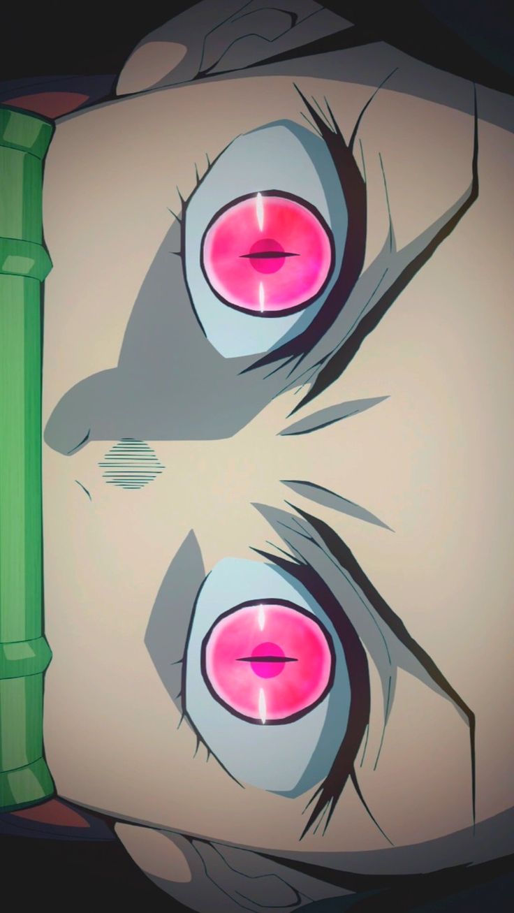 two eyes are shown in the middle of an animated scene with green and red accents