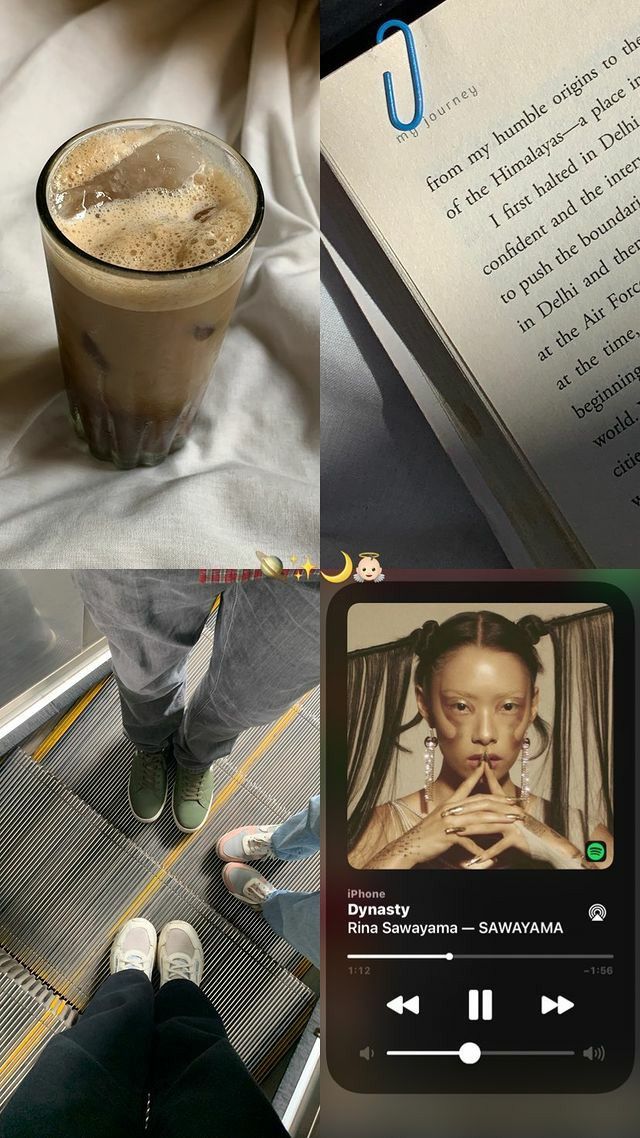 there is a person sitting on an escalator next to a book and a drink