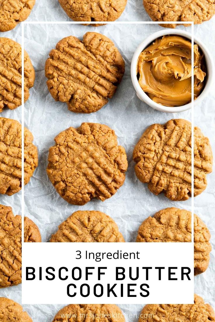 cookies with peanut butter on top and the words 3 ingredient biscoff butter cookies