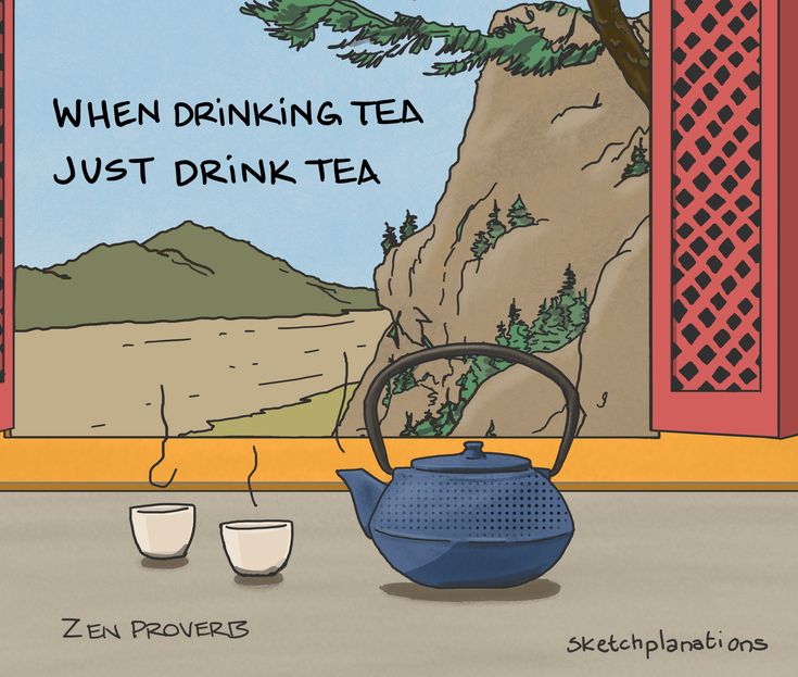 a tea kettle and two cups sitting in front of an open door with the words, when drinking tea just drink tea