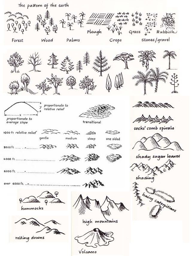 trees and mountains are shown in this hand drawn diagram, which shows the different types of trees