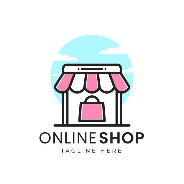 the online shop logo with a pink awning and blue sky in the background illustration