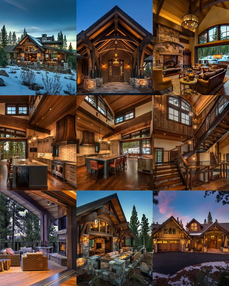 this is a collage of photos showing the inside and outside of a log cabin