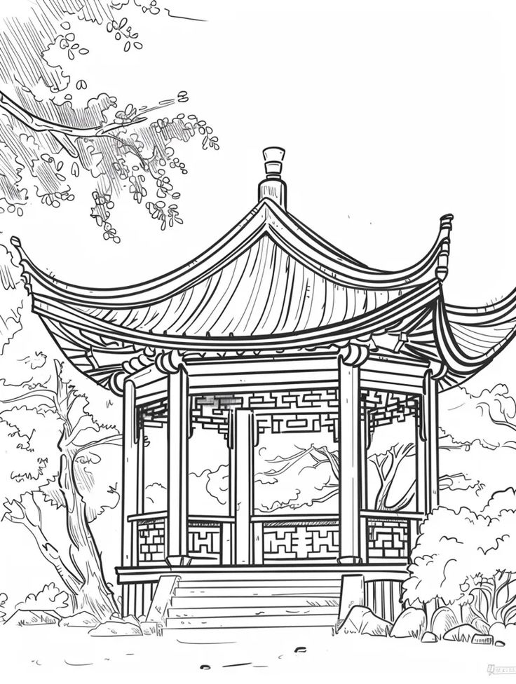 a drawing of a pagoda with trees in the background