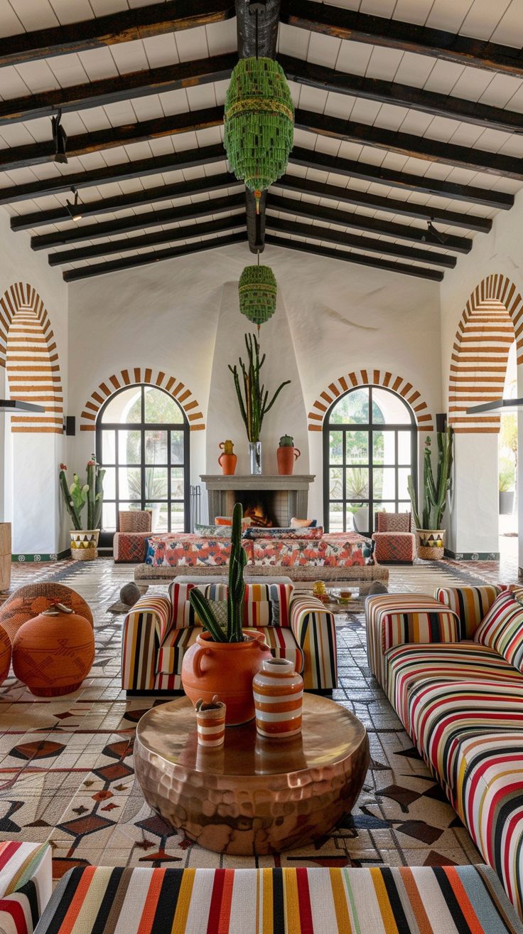 a living room filled with lots of colorful furniture and large potted plants on top of a wooden table