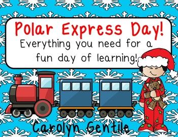 a polar express day poster with a train and santa clause on the front, and an image of a person holding a teddy bear