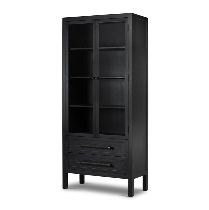 Laker Cabinet Black Oak Angled View Four Hands Four Hands Furniture, Copper Top Table, Iron Hardware, Tall Cabinet, Glass Front Door, Coffee Table To Dining Table, Modern Storage, Soft Close Drawers, Functional Storage