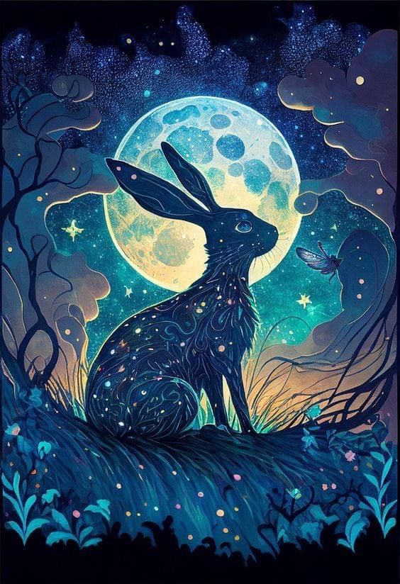 a painting of a rabbit sitting on top of a grass covered field under a full moon