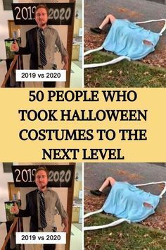 a man in a blue shirt and tie laying on the ground next to a sign that says, 50 people who took halloween costumes to the next level