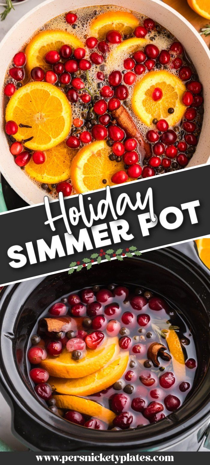 crock pot filled with oranges and cranberries next to the words holiday summer hot