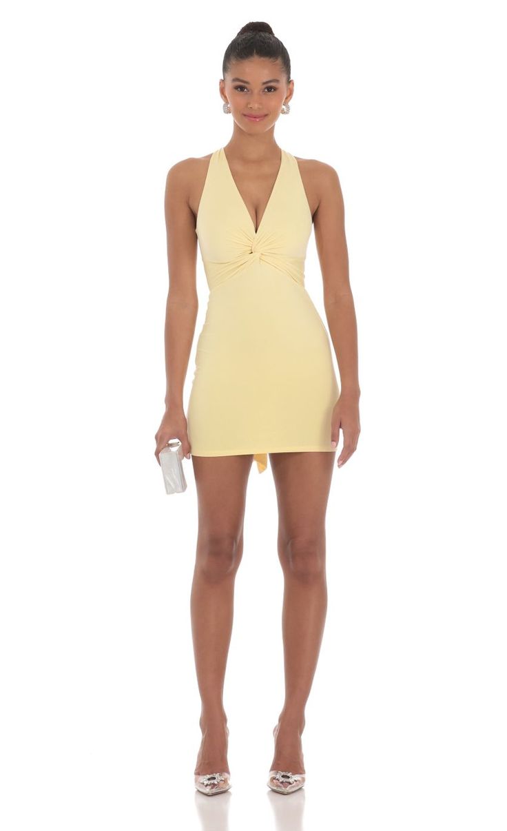 Twist Open Back Dress in Yellow | LUCY IN THE SKY Peach Homecoming Dresses Tight, Organge Hoco Dresses, Short Prom Dresses Tight Hoco, Pretty Homecoming Dresses Yellow, Block Hoco Dress, Sadie Hawkins Dress Bodycon, Open Back Dress Short Tight, V Neck Tight Short Dress, Yellow Dresses Short Tight