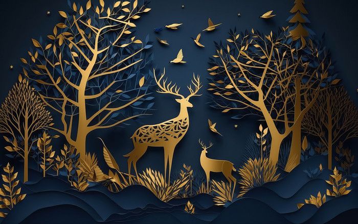 paper cut deer and birds in the forest