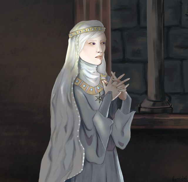 a painting of a woman with white hair wearing a veil and holding her hands up